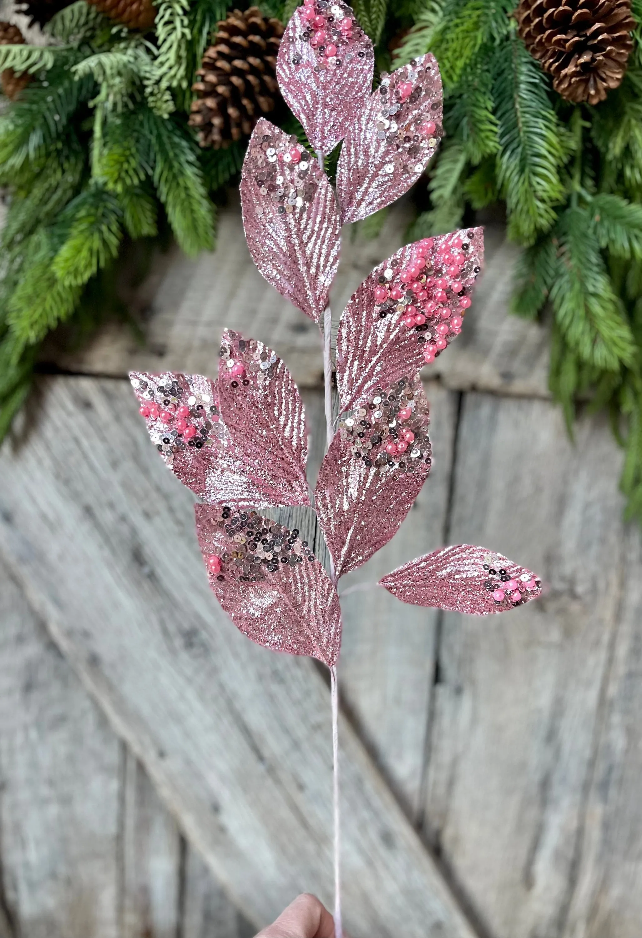 29" Pink Glitter Leaf Spray, Christmas Spray