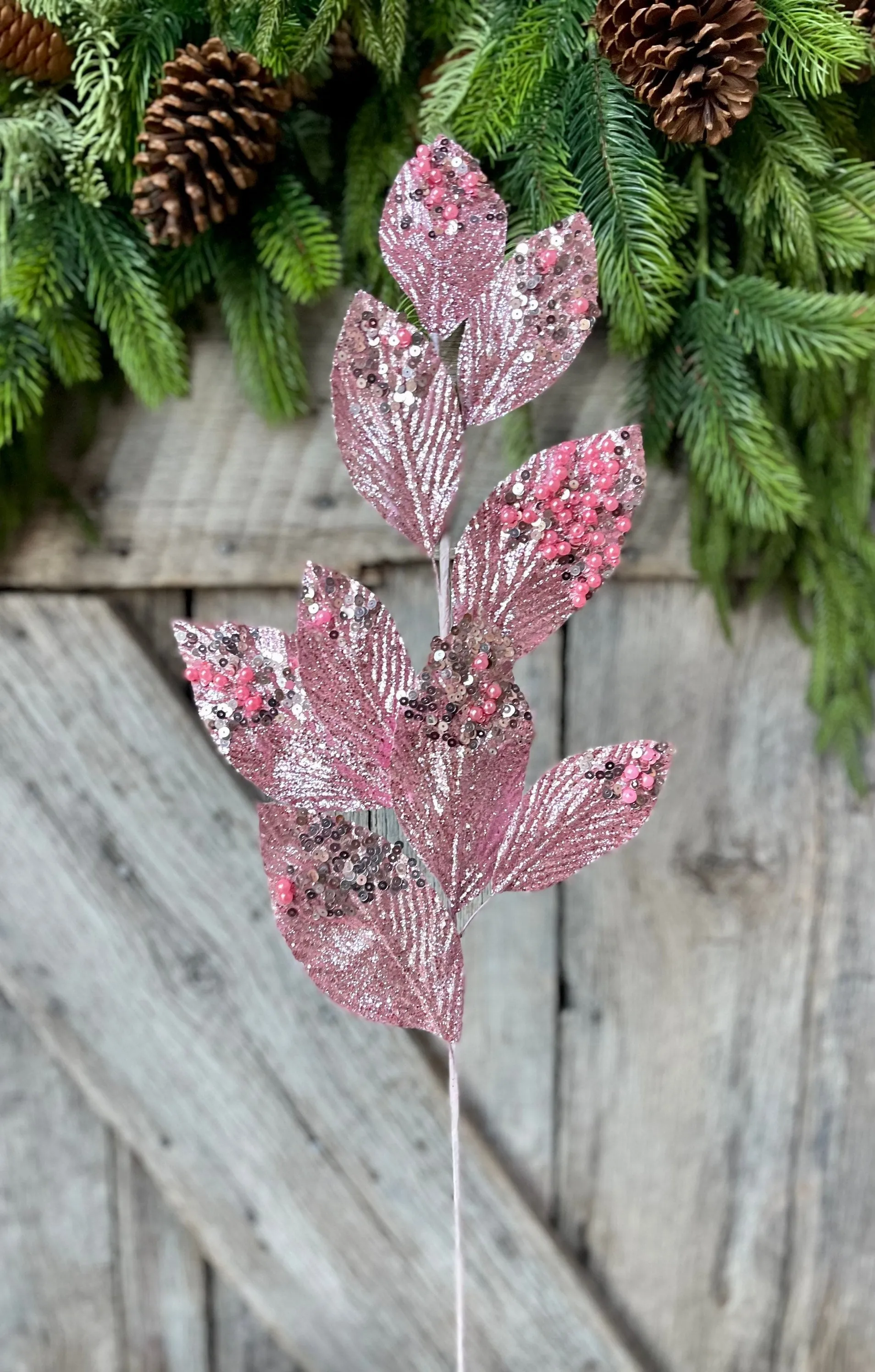 29" Pink Glitter Leaf Spray, Christmas Spray