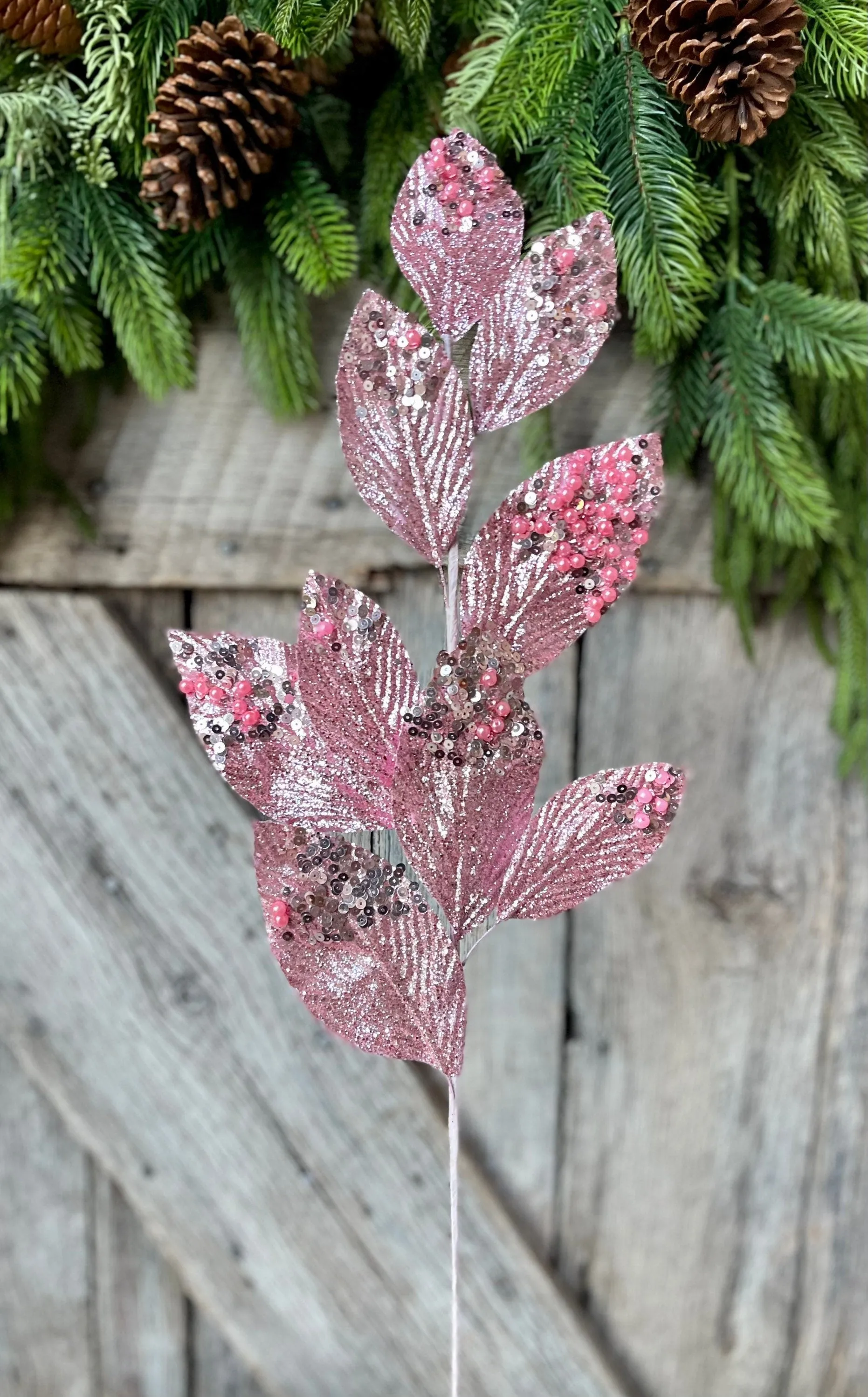 29" Pink Glitter Leaf Spray, Christmas Spray