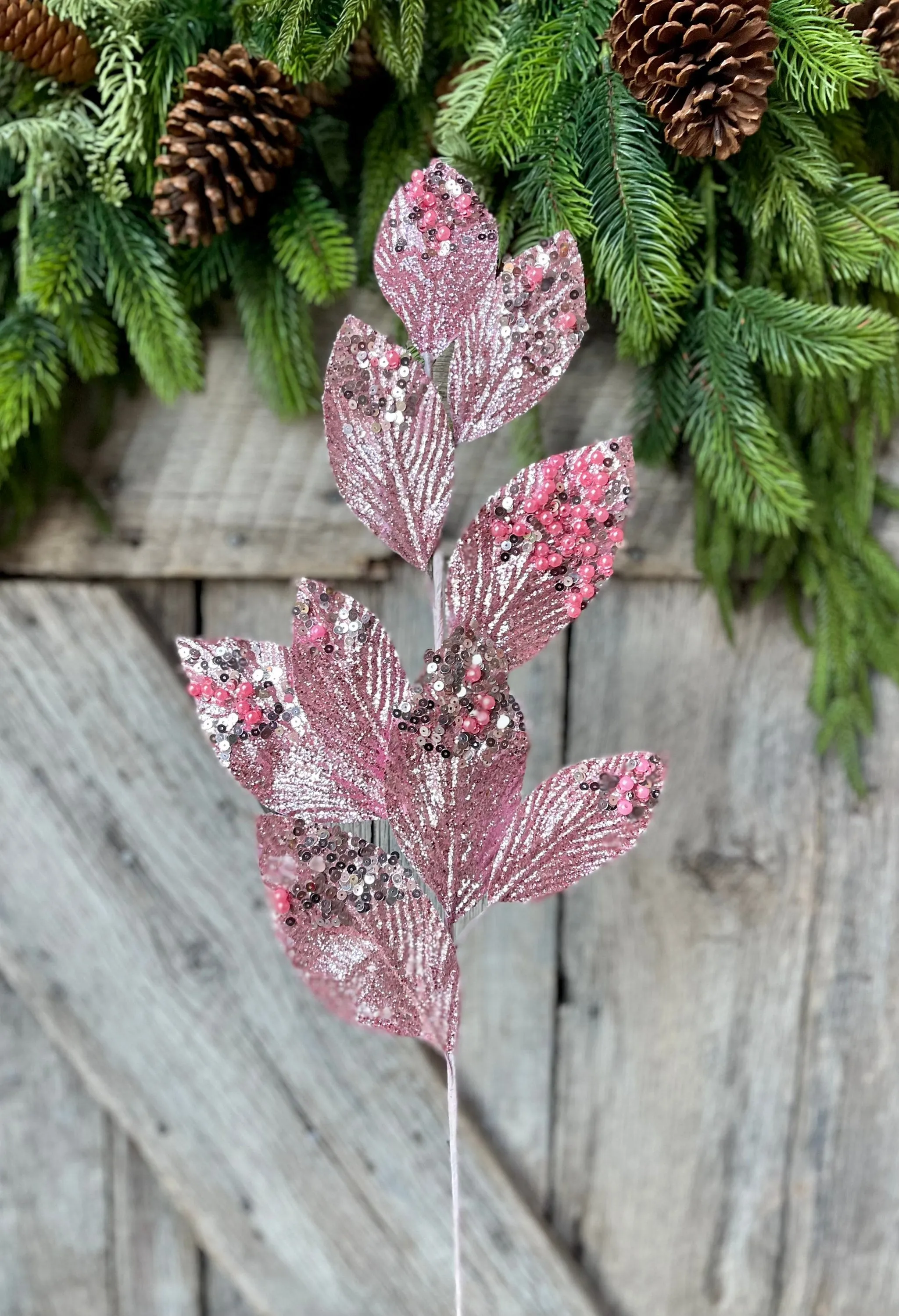 29" Pink Glitter Leaf Spray, Christmas Spray