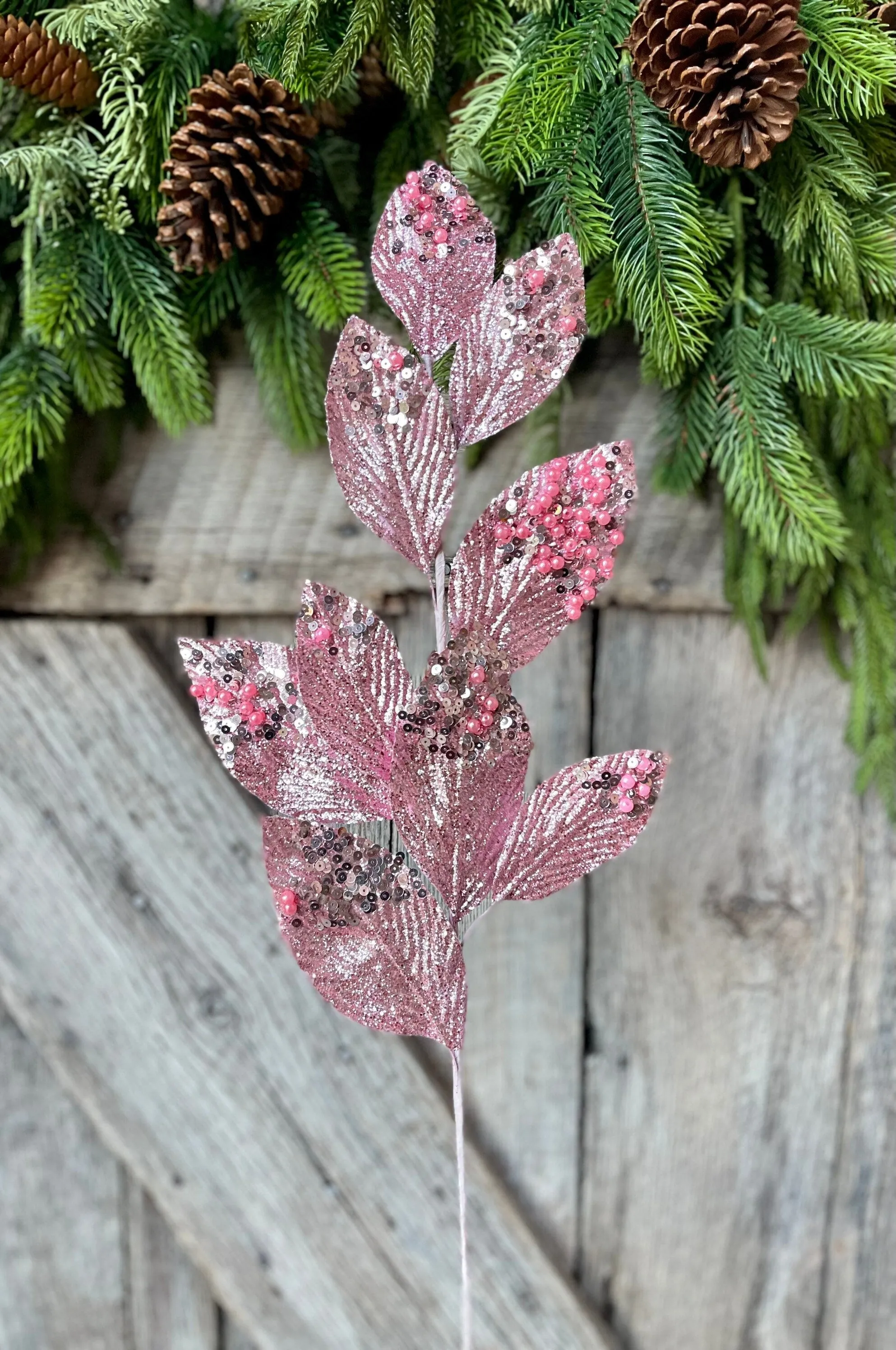 29" Pink Glitter Leaf Spray, Christmas Spray