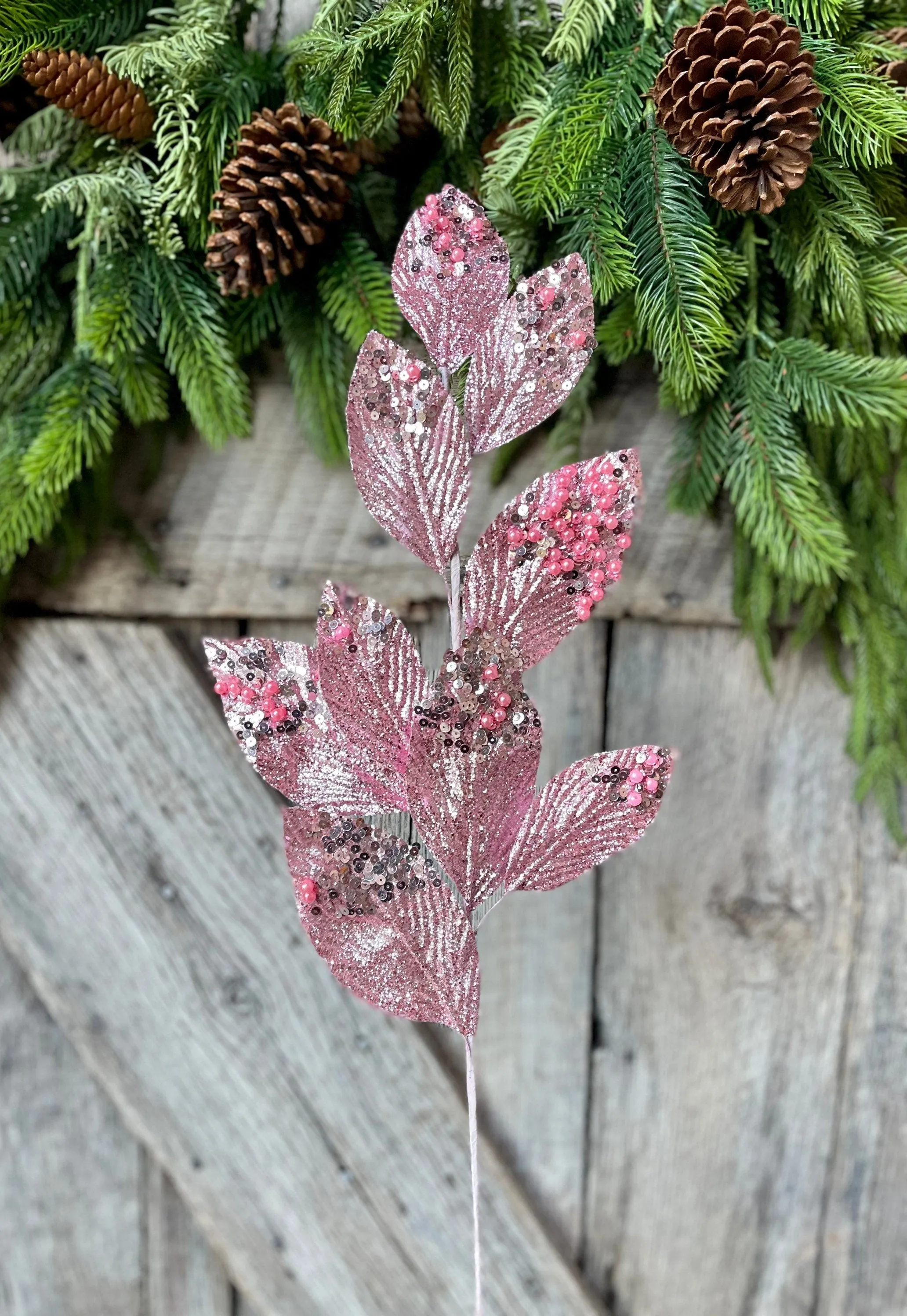 29" Pink Glitter Leaf Spray, Christmas Spray