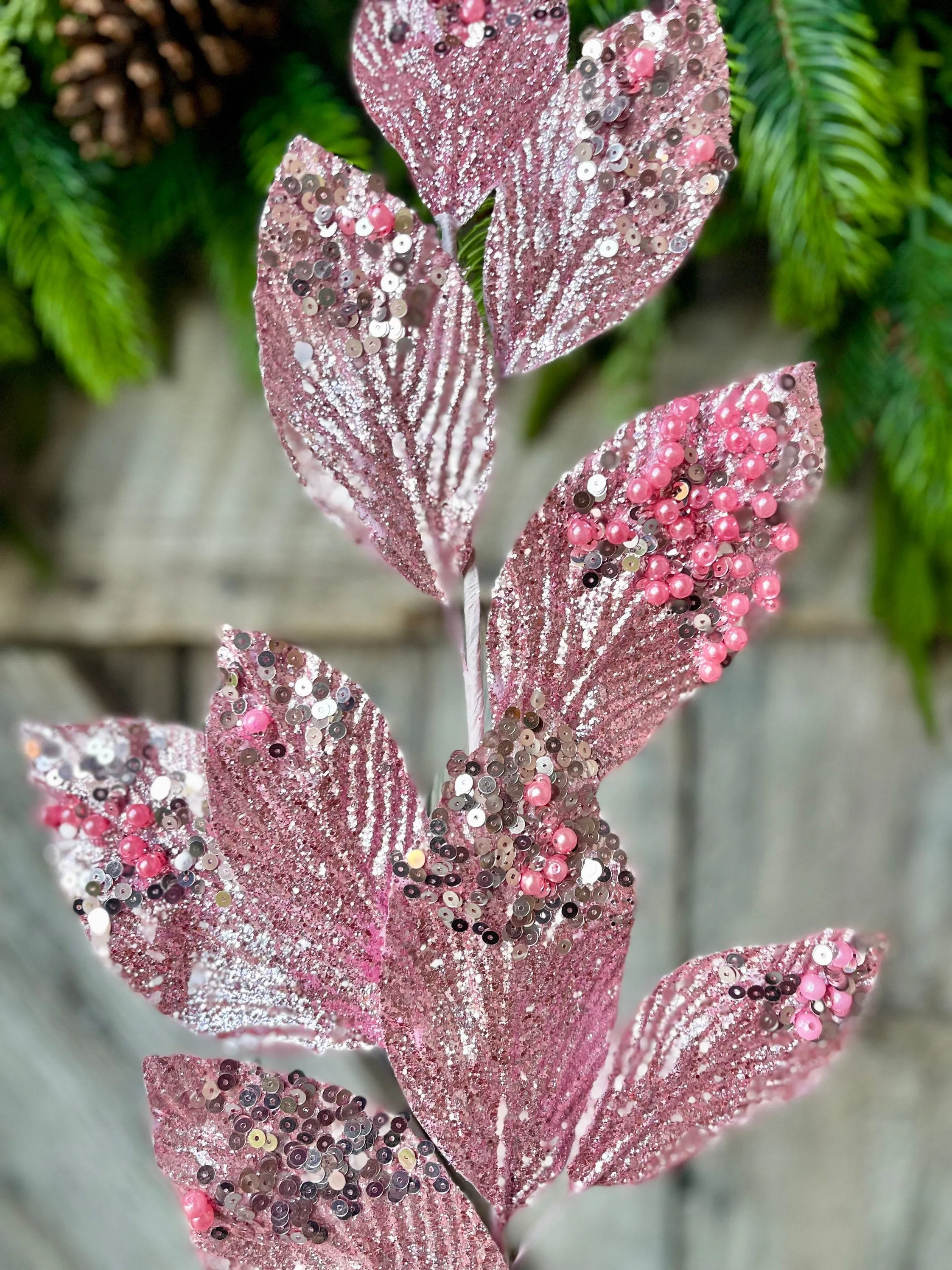 29" Pink Glitter Leaf Spray, Christmas Spray