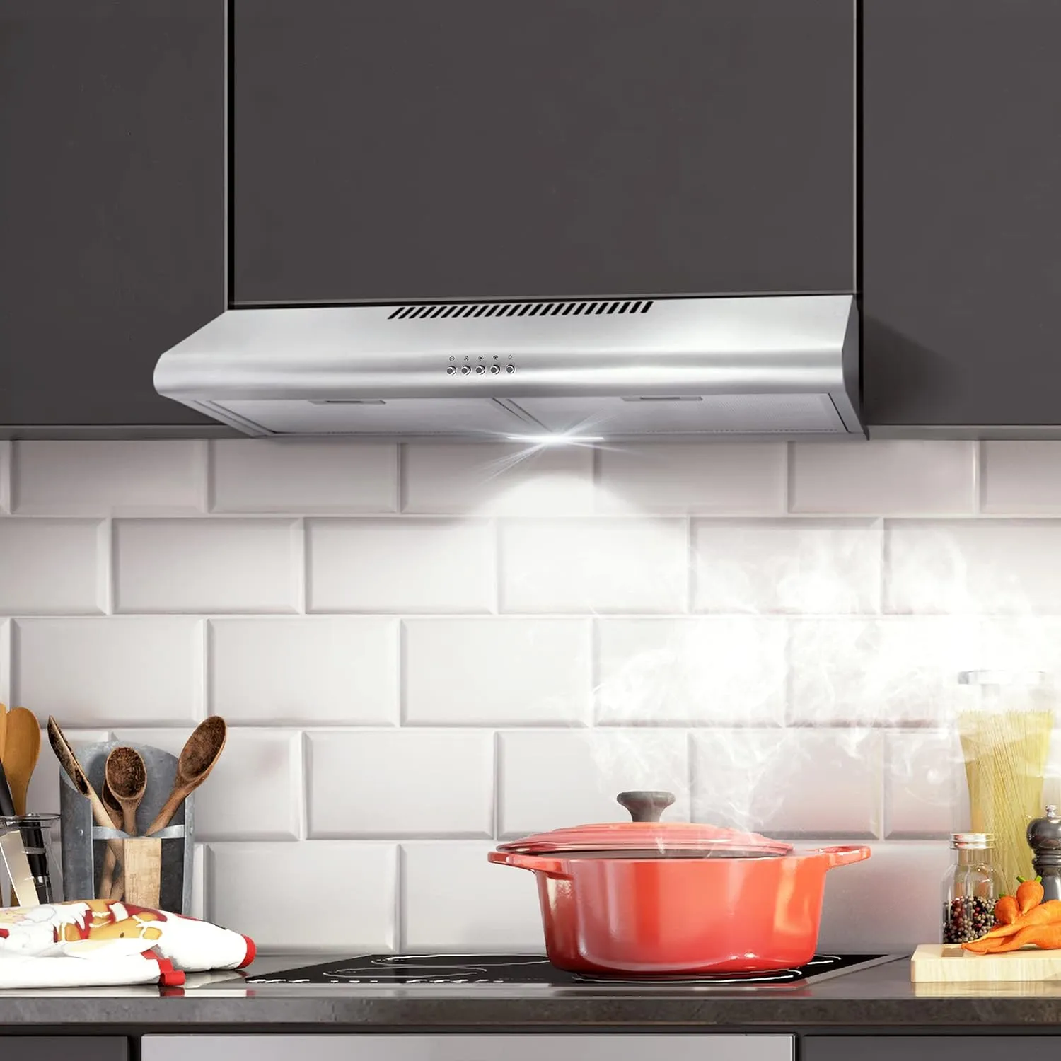 30" Slim Ductless Range Hood with 3-Speed Fan, Reusable Filter, and LED Lights