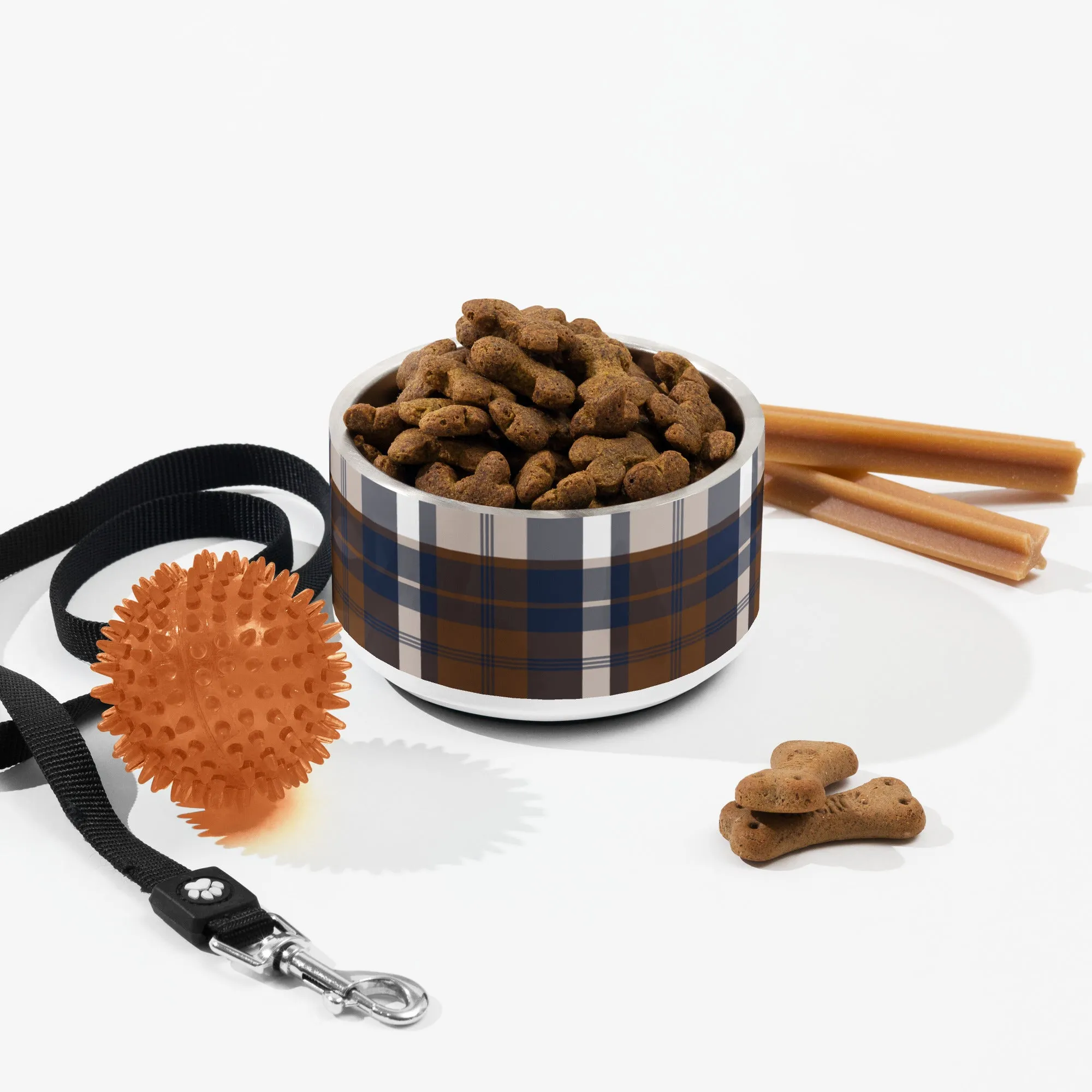 Brown and Navy Blue Preppy Plaid Pet Bowl