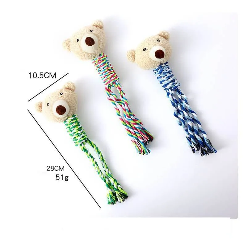 Dog Bear Teething Chew Squeaky Toy with Rope for Puppy Small Medium Dogs