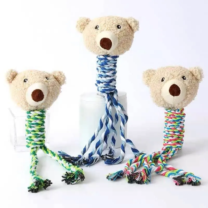 Dog Bear Teething Chew Squeaky Toy with Rope for Puppy Small Medium Dogs