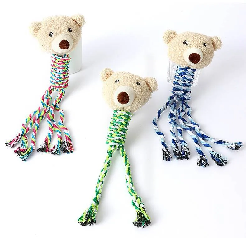 Dog Bear Teething Chew Squeaky Toy with Rope for Puppy Small Medium Dogs