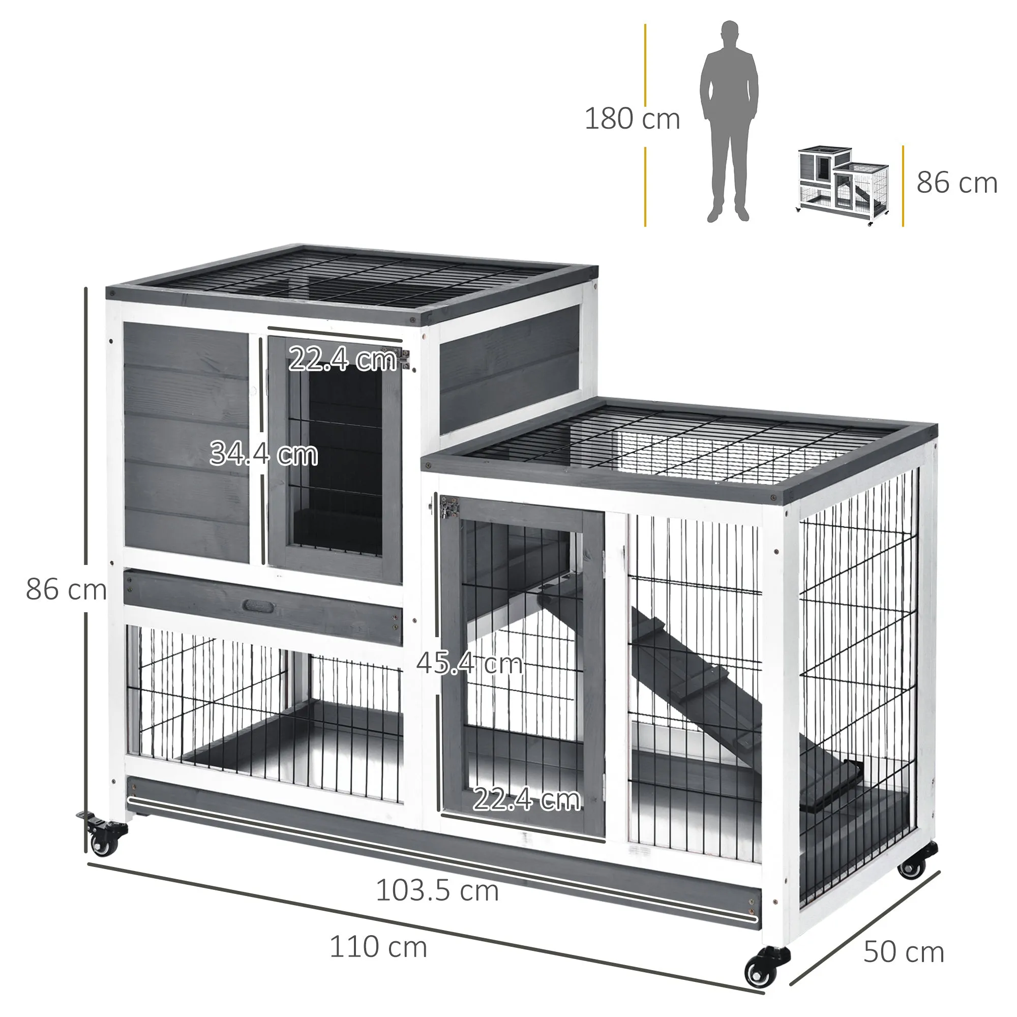 Indoor Wooden Rabbit Hutch Guinea Pigs House Bunny Small Animal Cage W/ Wheels Enclosed Run 110 x 50 x 86 cm