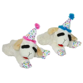 Multipet Lamb Chop with Birhday Hat Assorted Colors Pink/Blue Dog Toy 10.5"