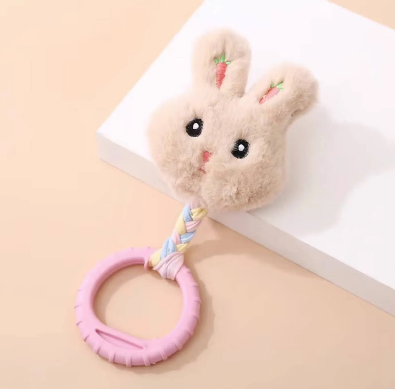 Plush Rabbit Dog Teeth Toy with TPR Rubber Chew Ring