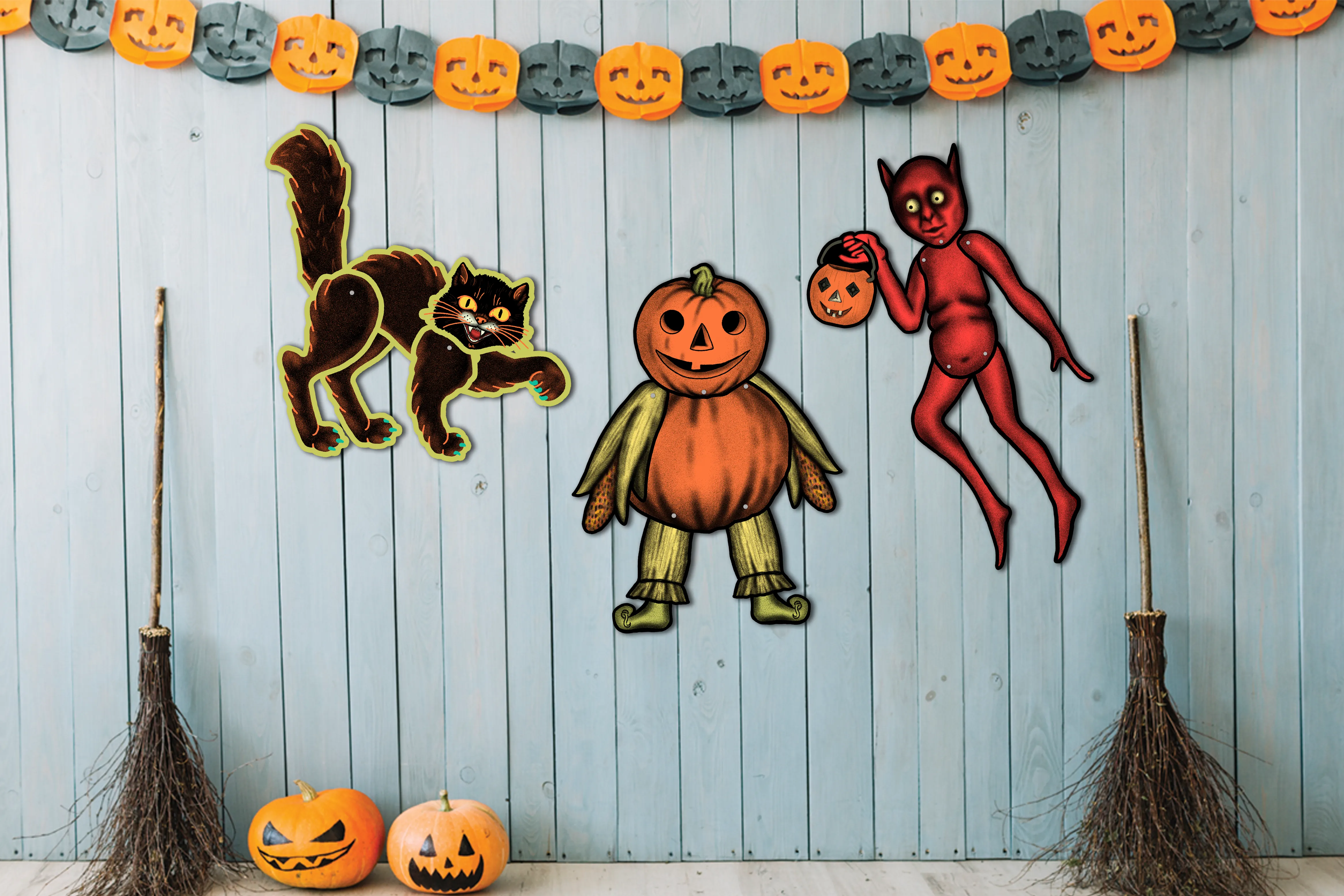 Retro Inspired Halloween Screaming Cat Jointed Cutout Decoration