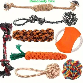 Set of 5 Dog Chew Toys - Teeth Cleaning, Interactive, Cotton Rope