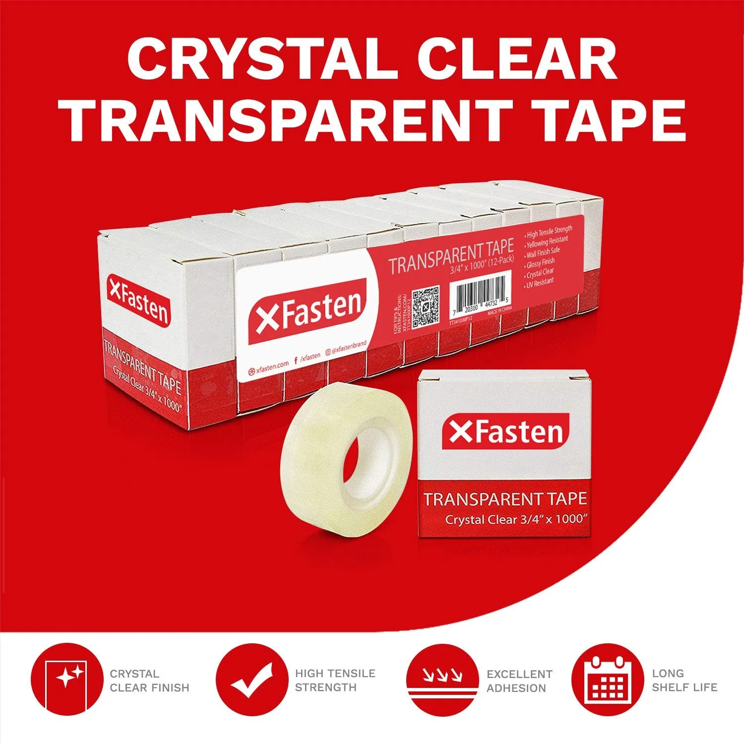 XFasten Transparent Tape 3/4-Inch by 1000-Inch, Pack of 12