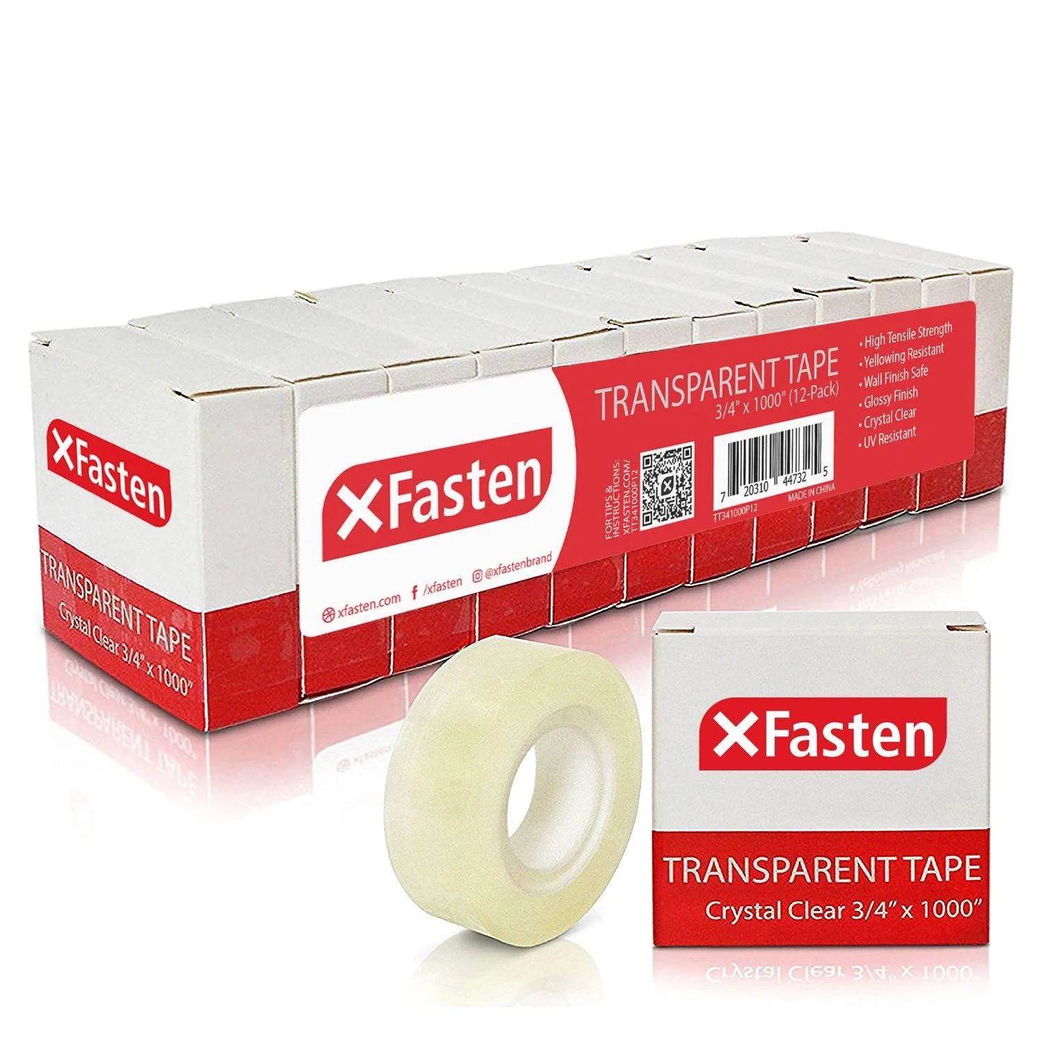 XFasten Transparent Tape 3/4-Inch by 1000-Inch, Pack of 12